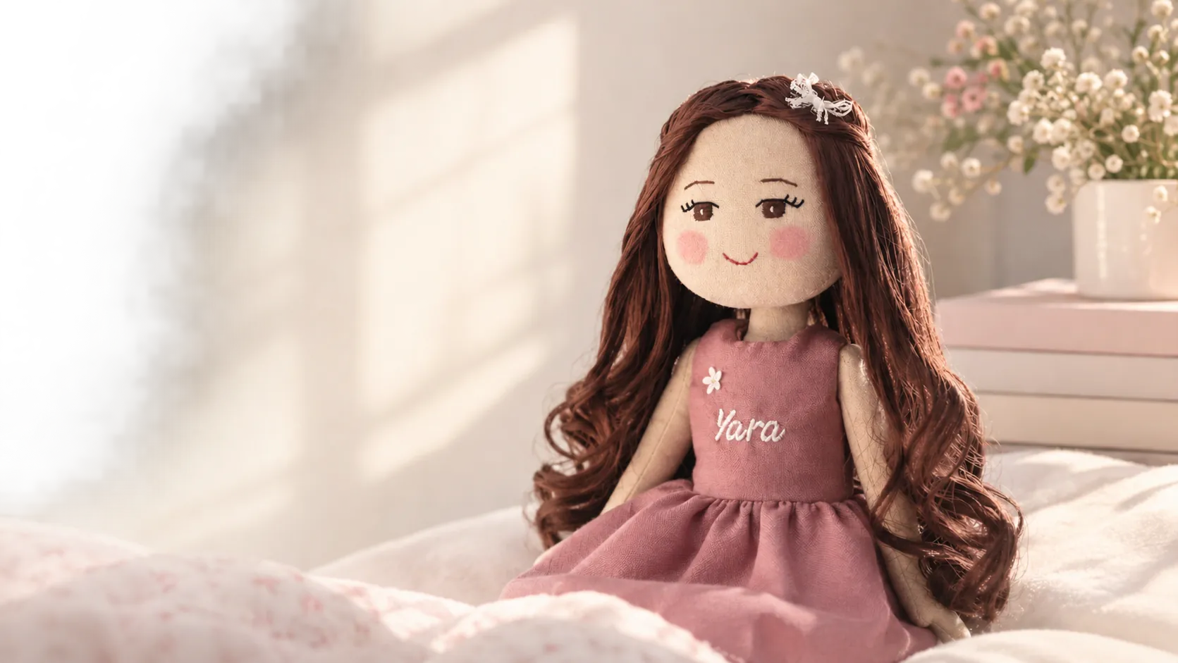 Yara, a handmade doll with long auburn hair and a rose linen dress, sitting on floral bedding beside a vase of baby's breath.