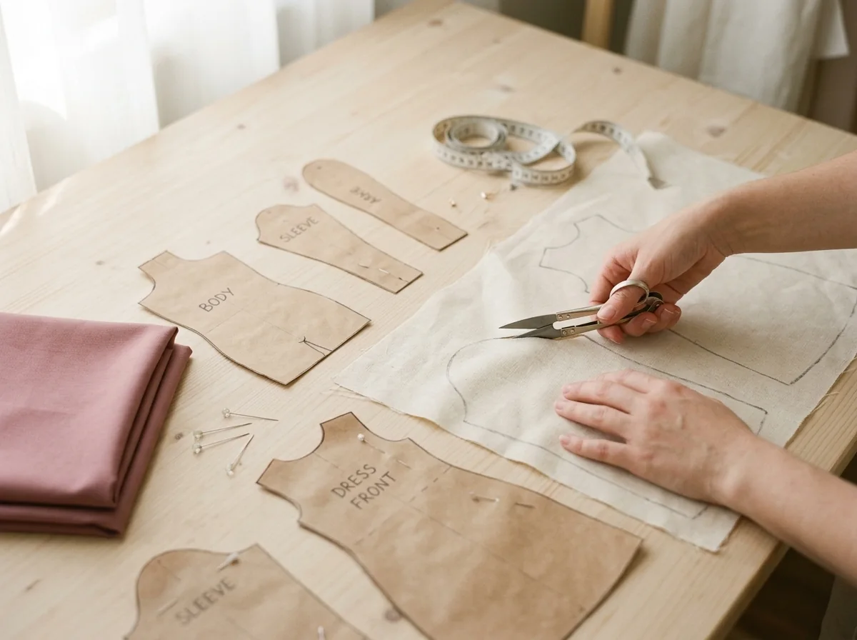 A hand-drawn doll pattern and cream linen being cut with small fabric scissors.